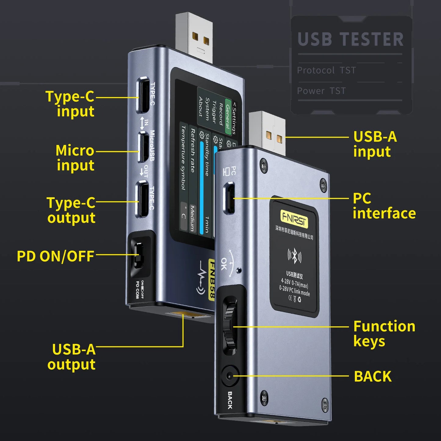 FNIRSI FNB58 – Medidor USB-C de Voltaje y Corriente | Con y Sin Bluetooth