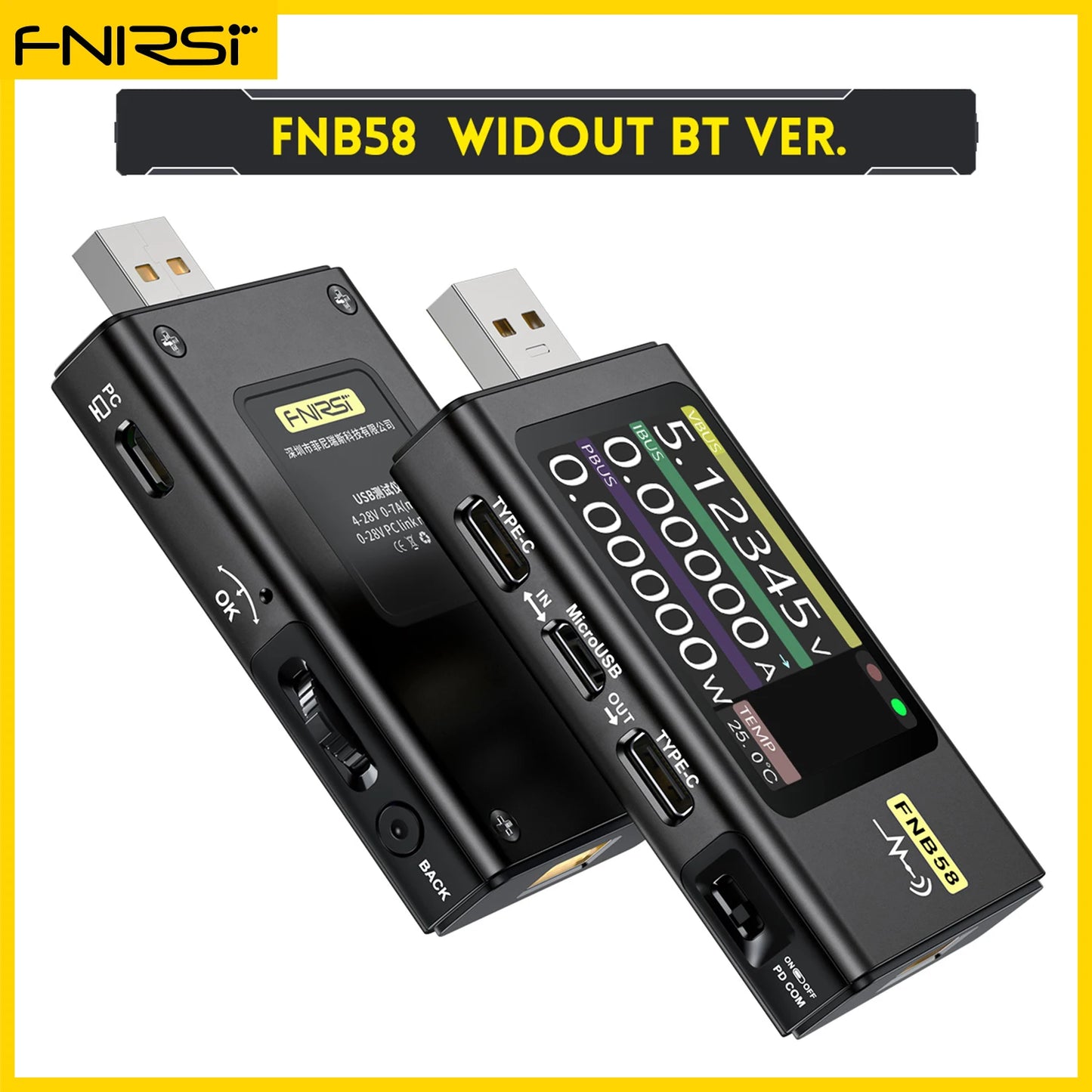 FNIRSI FNB58 – Medidor USB-C de Voltaje y Corriente | Con y Sin Bluetooth