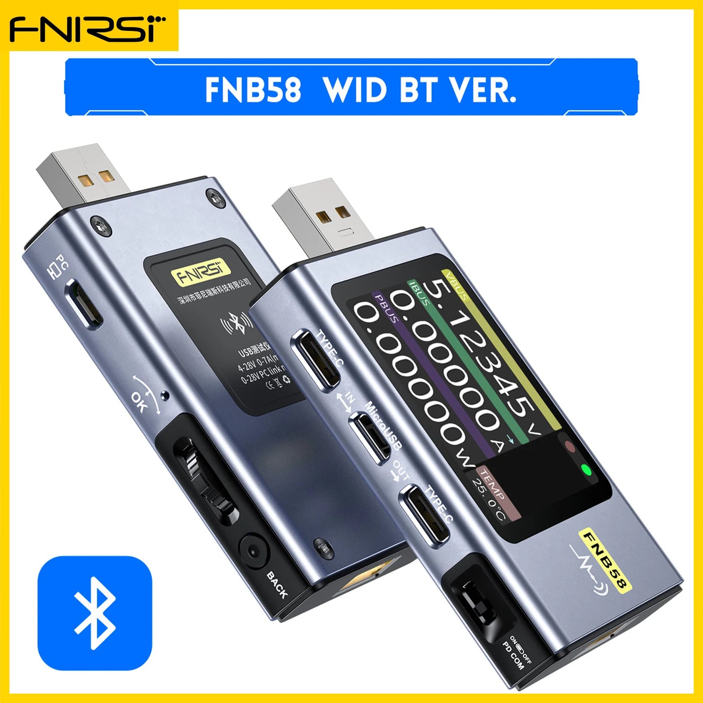 FNIRSI FNB58 – Medidor USB-C de Voltaje y Corriente | Con y Sin Bluetooth