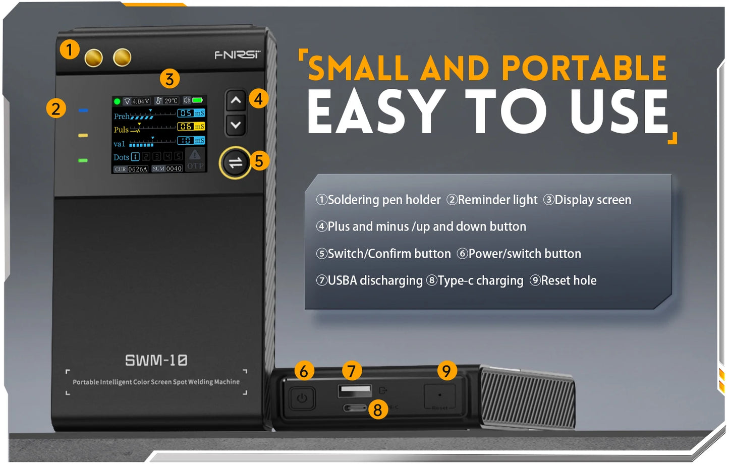 FNIRSI SWM-10 – Soldador por Puntos Portátil de Batería con Pantalla LCD y Tecnología de Doble Pulso