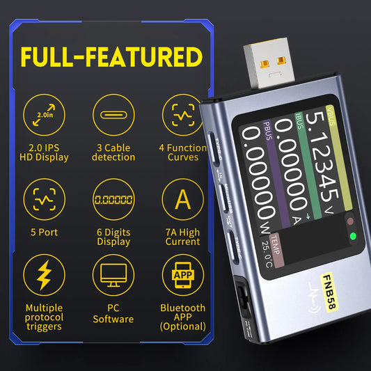 FNIRSI FNB58 – Medidor USB-C de Voltaje y Corriente | Con y Sin Bluetooth